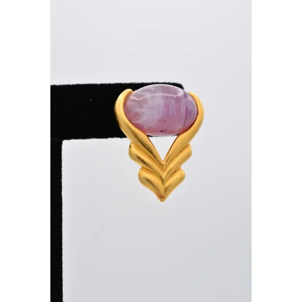 Vintage Cabochon Earrings Purple Marbled Lucite Brushed Gold Dangle Drop 90s 9L
